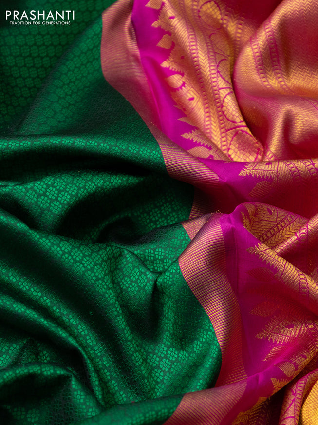Pure kanchipuram silk saree green and pink with allover self emboss and long rich zari woven border