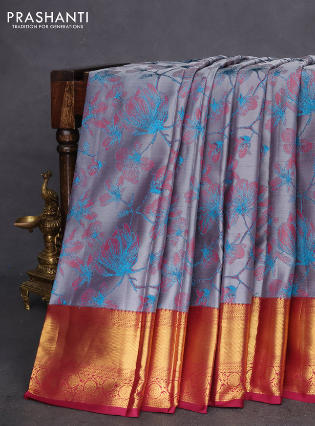 Pure kanchipuram silk saree dual shade of grey and dark magenta pink with allover thread woven floral brocade weaves and zari woven border