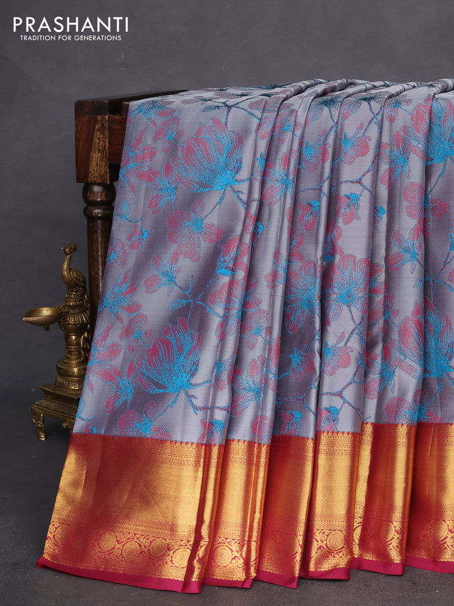 Pure kanchipuram silk saree dual shade of grey and dark magenta pink with allover thread woven floral brocade weaves and zari woven border