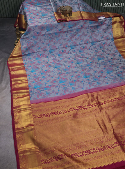 Pure kanchipuram silk saree dual shade of grey and dark magenta pink with allover thread woven floral brocade weaves and zari woven border