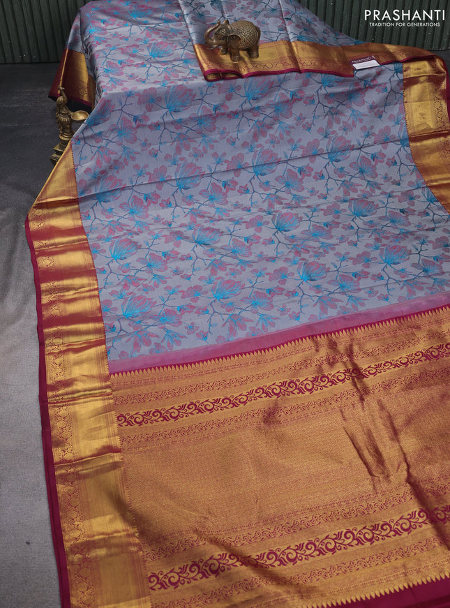 Pure kanchipuram silk saree dual shade of grey and dark magenta pink with allover thread woven floral brocade weaves and zari woven border