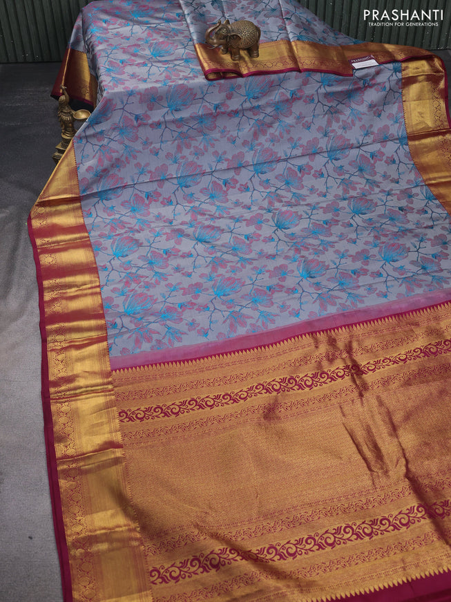 Pure kanchipuram silk saree dual shade of grey and dark magenta pink with allover thread woven floral brocade weaves and zari woven border