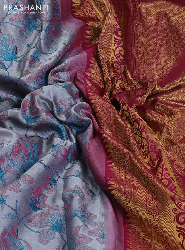 Pure kanchipuram silk saree dual shade of grey and dark magenta pink with allover thread woven floral brocade weaves and zari woven border
