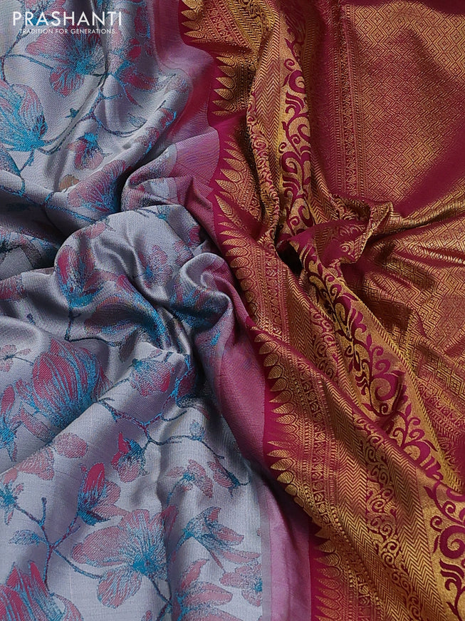 Pure kanchipuram silk saree dual shade of grey and dark magenta pink with allover thread woven floral brocade weaves and zari woven border