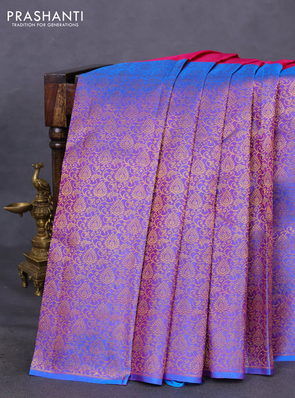 Pure kanchipuram silk saree pink and dual shade of blue with half & half style and long zari woven border
