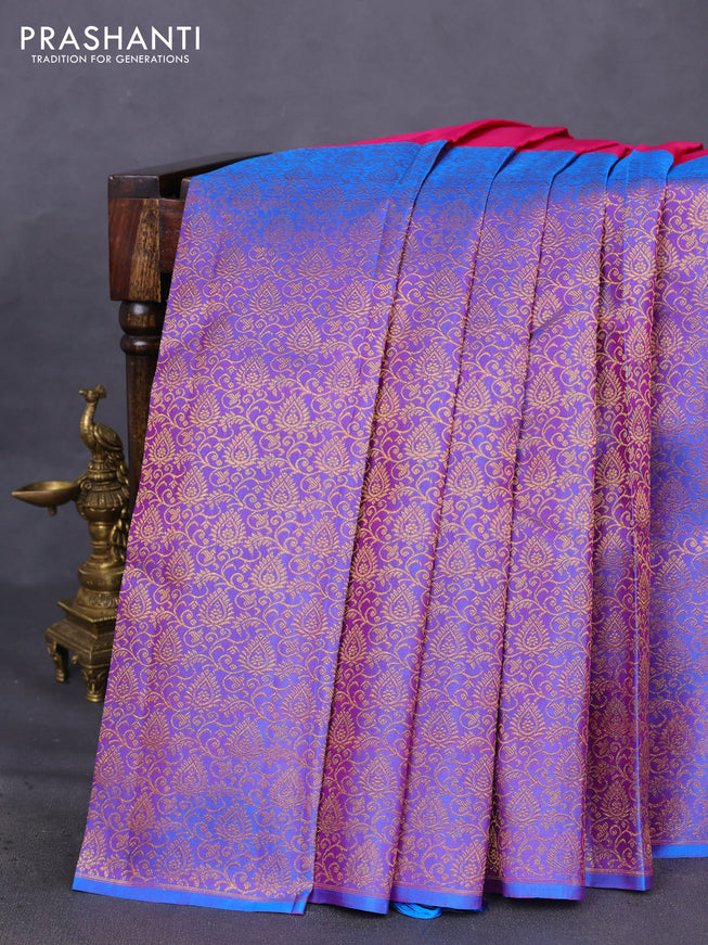 Pure kanchipuram silk saree pink and dual shade of blue with half & half style and long zari woven border