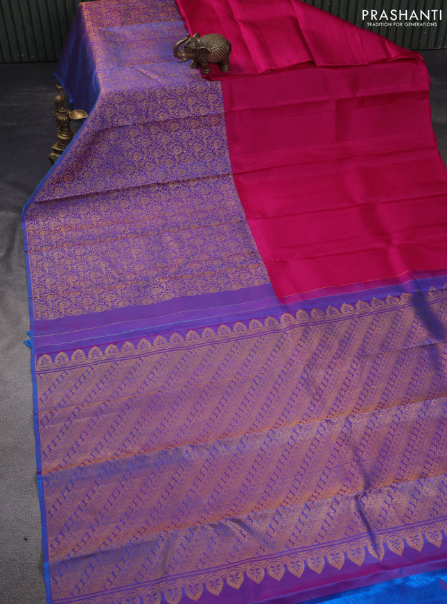 Pure kanchipuram silk saree pink and dual shade of blue with half & half style and long zari woven border
