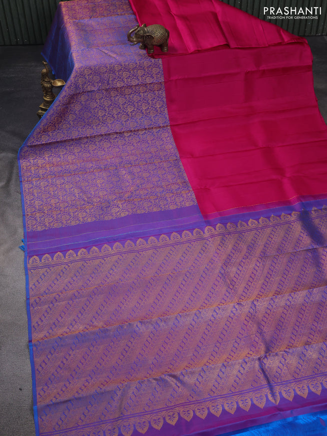 Pure kanchipuram silk saree pink and dual shade of blue with half & half style and long zari woven border