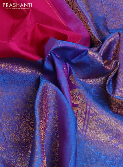 Pure kanchipuram silk saree pink and dual shade of blue with half & half style and long zari woven border