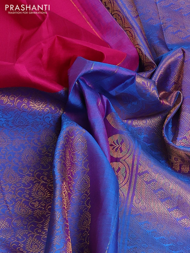 Pure kanchipuram silk saree pink and dual shade of blue with half & half style and long zari woven border