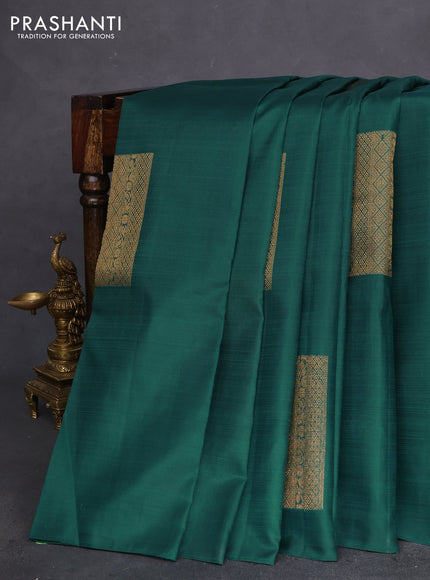 Pure kanchipuram silk saree green and pastel peach shade with box type buttas in borderless style