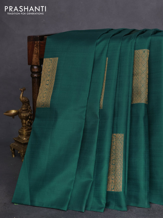 Pure kanchipuram silk saree green and pastel peach shade with box type buttas in borderless style