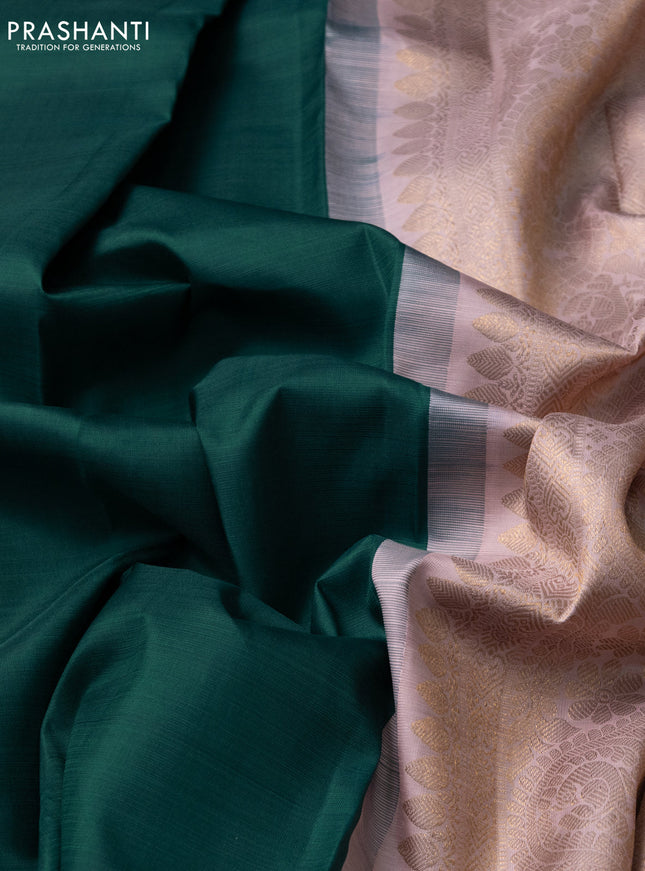 Pure kanchipuram silk saree green and pastel peach shade with box type buttas in borderless style