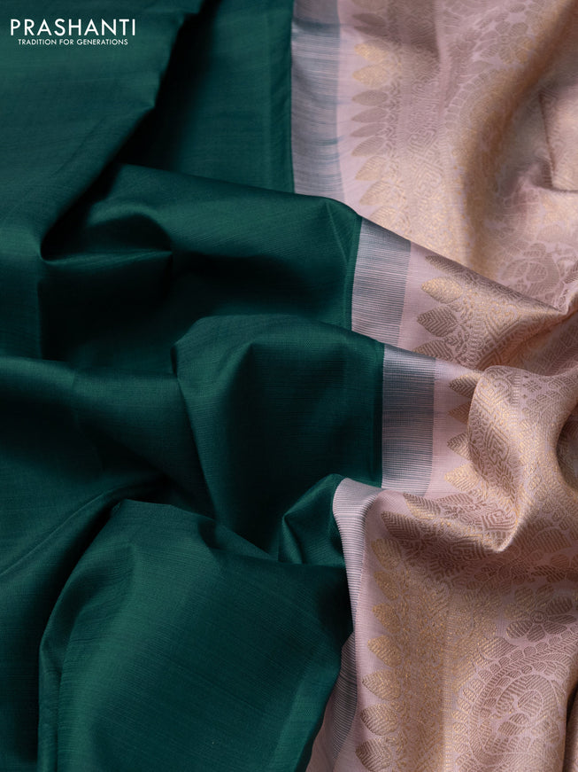 Pure kanchipuram silk saree green and pastel peach shade with box type buttas in borderless style