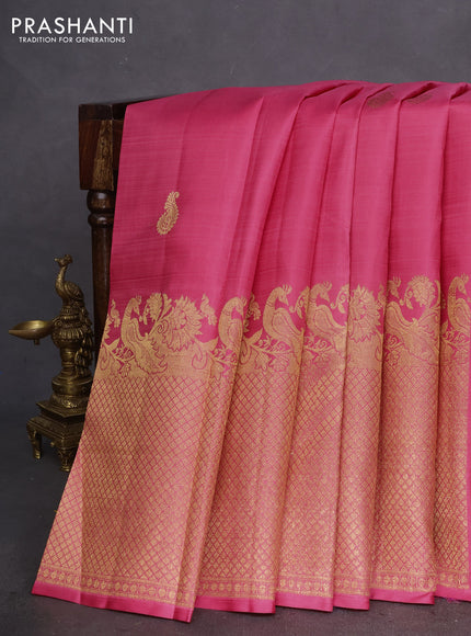 Pure kanchipuram silk saree peach pink and royal blue with zari woven buttas and long zari woven border