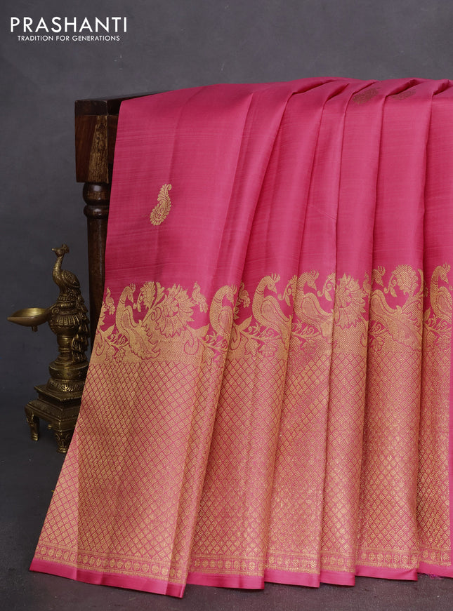 Pure kanchipuram silk saree peach pink and royal blue with zari woven buttas and long zari woven border