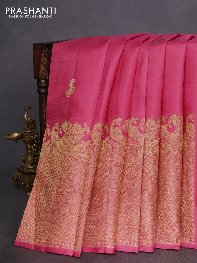 Pure kanchipuram silk saree peach pink and royal blue with zari woven buttas and long zari woven border