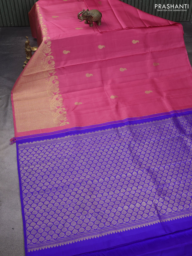 Pure kanchipuram silk saree peach pink and royal blue with zari woven buttas and long zari woven border