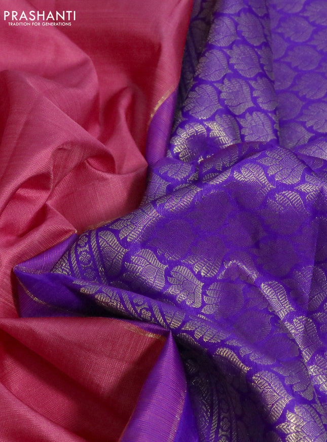 Pure kanchipuram silk saree peach pink and royal blue with zari woven buttas and long zari woven border