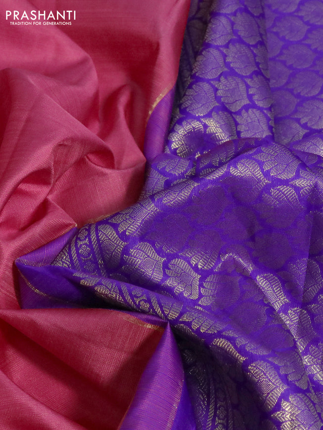 Pure kanchipuram silk saree peach pink and royal blue with zari woven buttas and long zari woven border