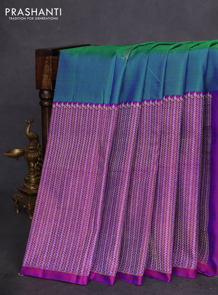 Pure kanchipuram silk saree dual shade of bluish green and dual shade of purple with silver & gold zari woven buttas and long silver & gold zari woven border