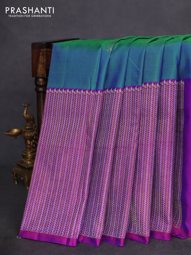 Pure kanchipuram silk saree dual shade of bluish green and dual shade of purple with silver & gold zari woven buttas and long silver & gold zari woven border