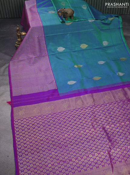 Pure kanchipuram silk saree dual shade of bluish green and dual shade of purple with silver & gold zari woven buttas and long silver & gold zari woven border