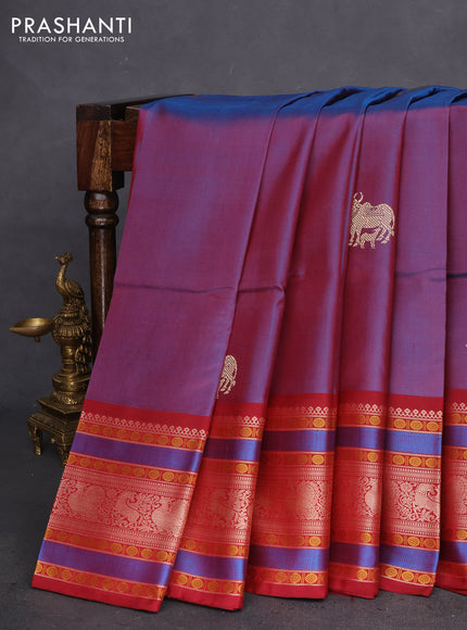 Pure kanchipuram silk saree dual shade of blue and maroon with allover thread buttas and long thread woven border