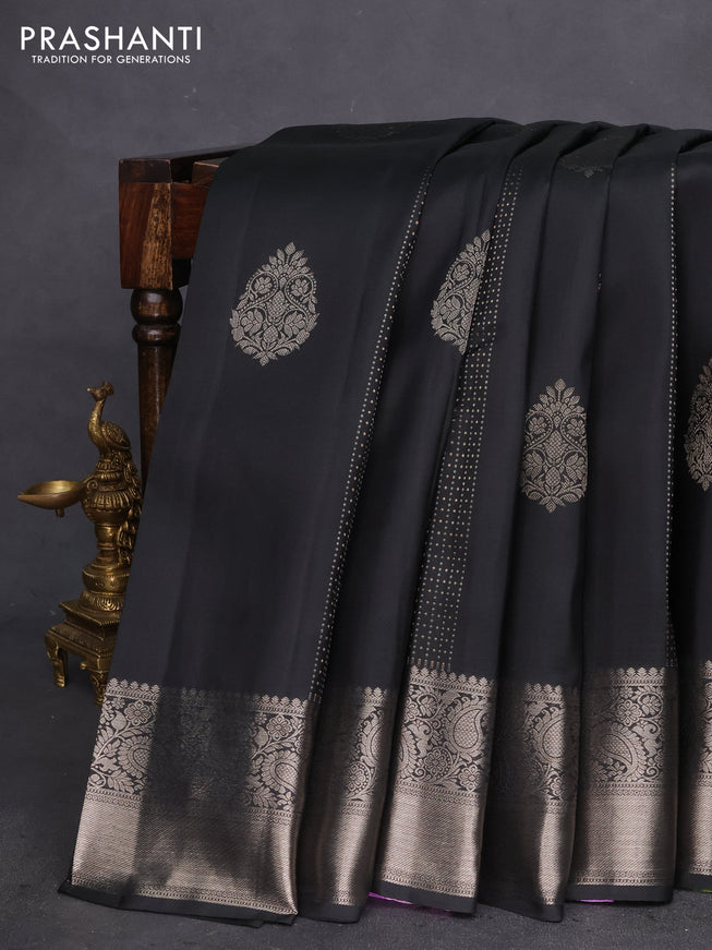 Pure kanchipuram silk saree black and lavender with allover zari weaves & buttas and zari woven border