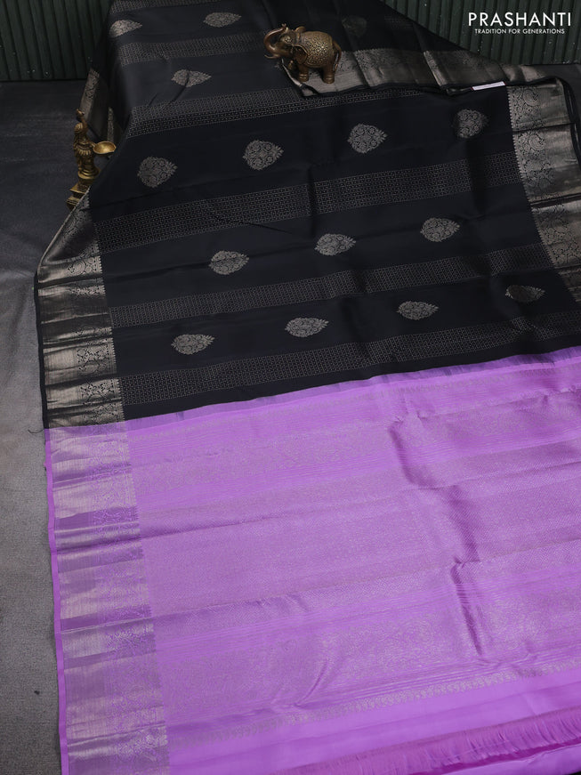 Pure kanchipuram silk saree black and lavender with allover zari weaves & buttas and zari woven border