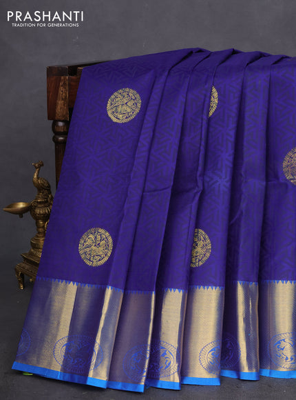 Pure kanchipuram silk saree blue and cs blue with allover geometric prints & zari buttas and zari woven border