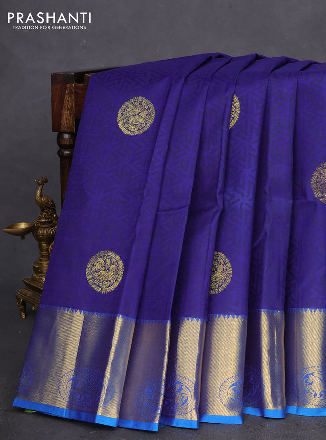 Pure kanchipuram silk saree blue and cs blue with allover geometric prints & zari buttas and zari woven border