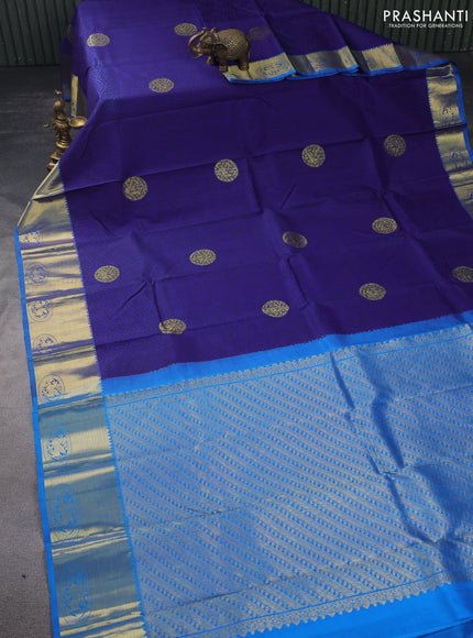 Pure kanchipuram silk saree blue and cs blue with allover geometric prints & zari buttas and zari woven border