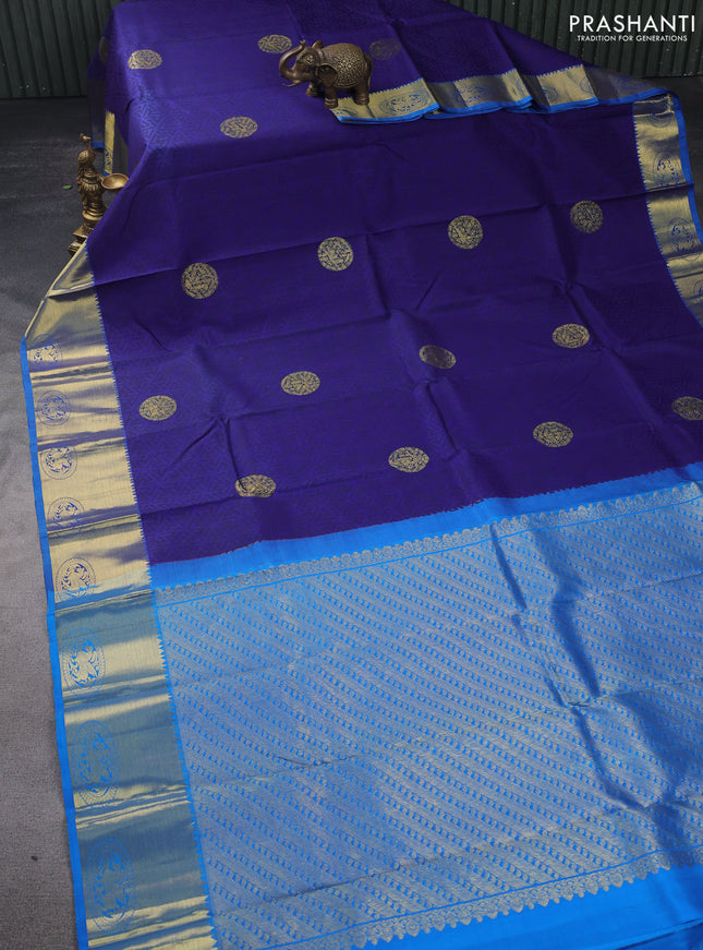 Pure kanchipuram silk saree blue and cs blue with allover geometric prints & zari buttas and zari woven border