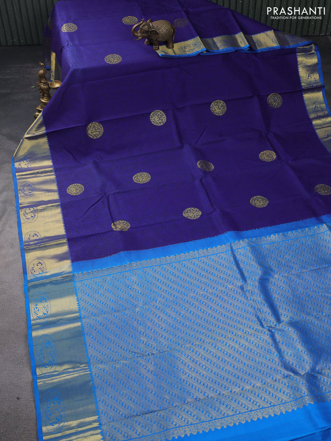 Pure kanchipuram silk saree blue and cs blue with allover geometric prints & zari buttas and zari woven border