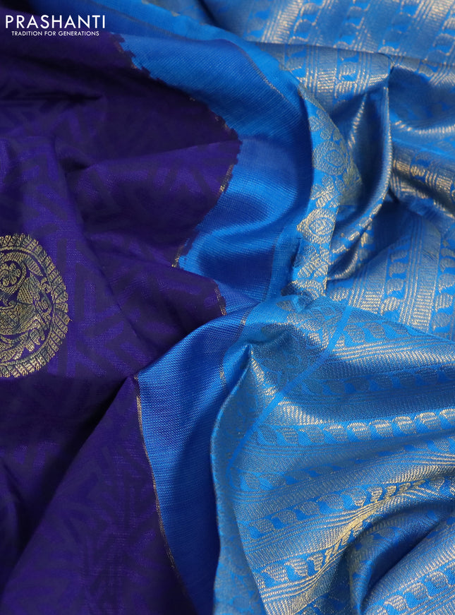 Pure kanchipuram silk saree blue and cs blue with allover geometric prints & zari buttas and zari woven border