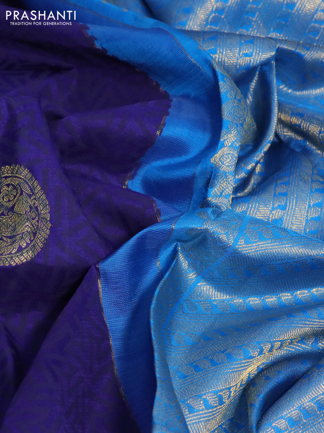 Pure kanchipuram silk saree blue and cs blue with allover geometric prints & zari buttas and zari woven border