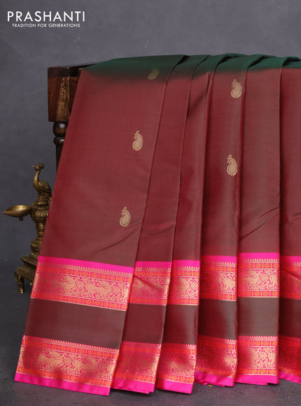 Pure kanchipuram silk saree dual shade of greenish maroon and pink with zari woven buttas and long rettapet zari woven border