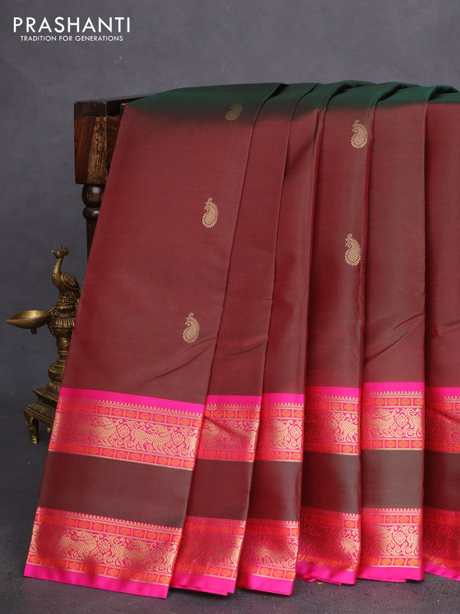 Pure kanchipuram silk saree dual shade of greenish maroon and pink with zari woven buttas and long rettapet zari woven border