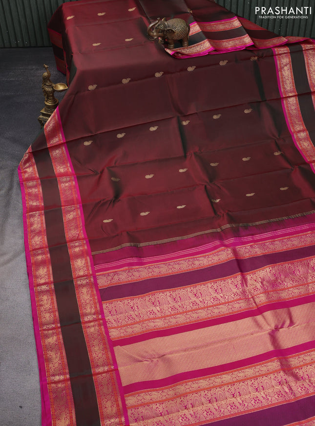 Pure kanchipuram silk saree dual shade of greenish maroon and pink with zari woven buttas and long rettapet zari woven border
