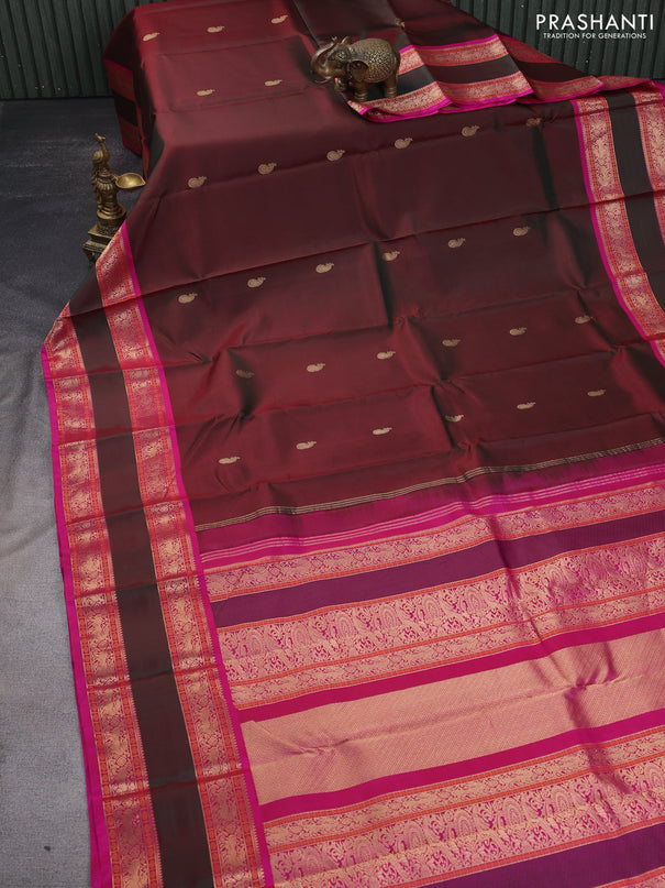 Pure kanchipuram silk saree dual shade of greenish maroon and pink with zari woven buttas and long rettapet zari woven border