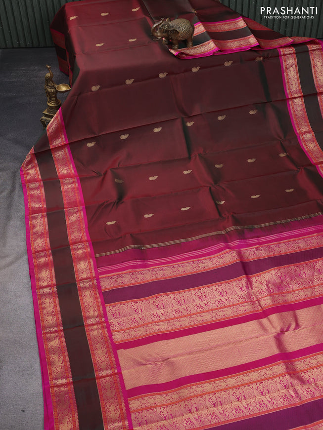 Pure kanchipuram silk saree dual shade of greenish maroon and pink with zari woven buttas and long rettapet zari woven border
