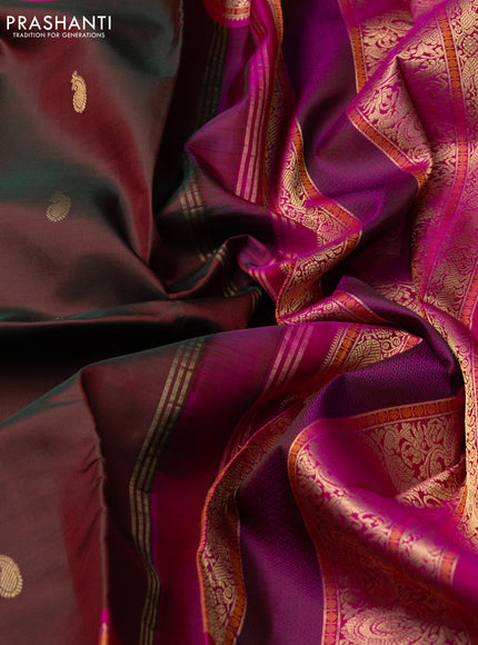 Pure kanchipuram silk saree dual shade of greenish maroon and pink with zari woven buttas and long rettapet zari woven border