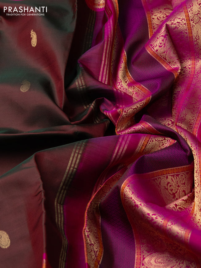 Pure kanchipuram silk saree dual shade of greenish maroon and pink with zari woven buttas and long rettapet zari woven border