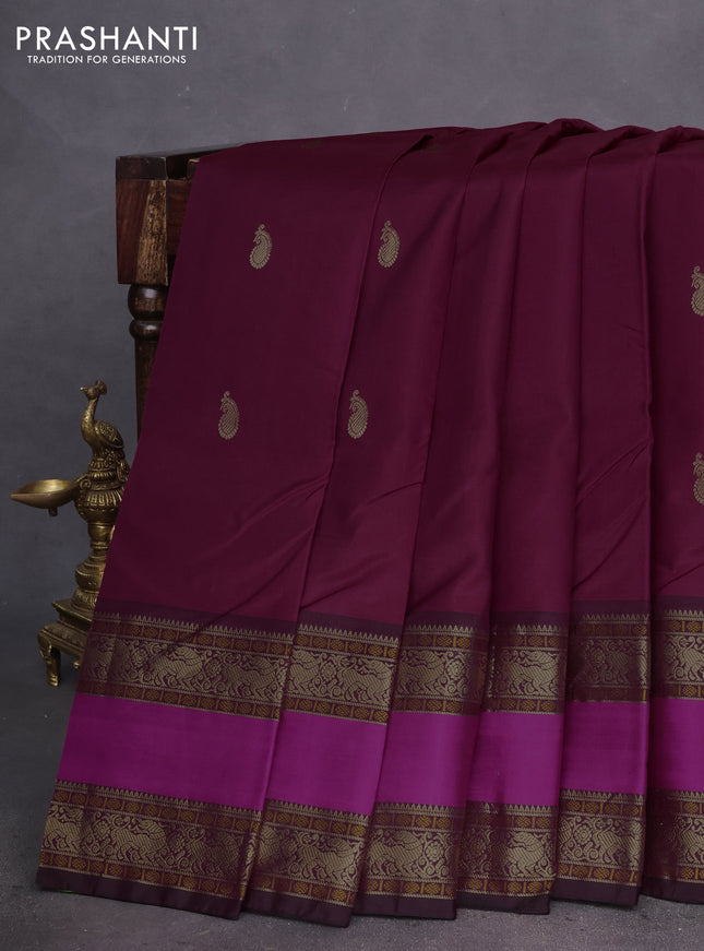 Pure kanchipuram silk saree maroon with zari woven buttas and ganga jamuna border