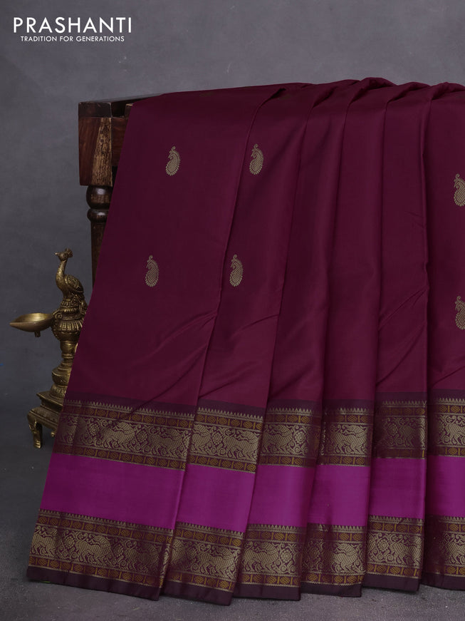Pure kanchipuram silk saree maroon with zari woven buttas and ganga jamuna border