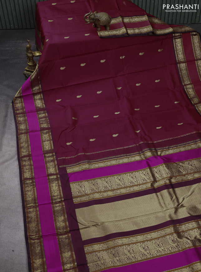Pure kanchipuram silk saree maroon with zari woven buttas and ganga jamuna border