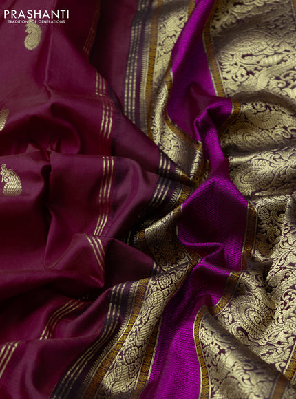 Pure kanchipuram silk saree maroon with zari woven buttas and ganga jamuna border