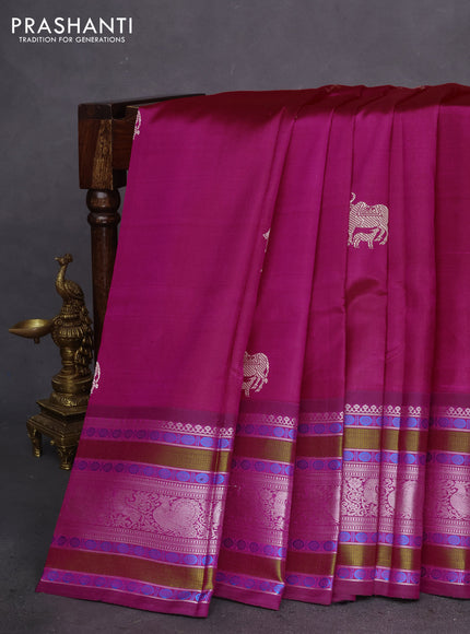 Pure kanchipuram silk saree dual shade of pink and dark magenta pink with thread woven buttas and long thread woven border