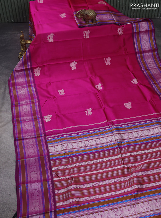 Pure kanchipuram silk saree dual shade of pink and dark magenta pink with thread woven buttas and long thread woven border